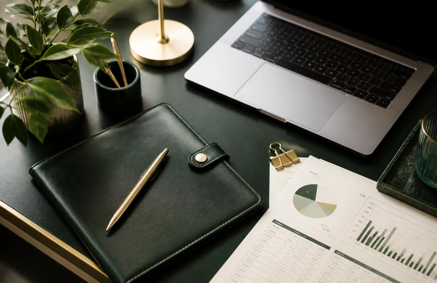 Modern accounting workspace with laptop, financial reports, and professional tools